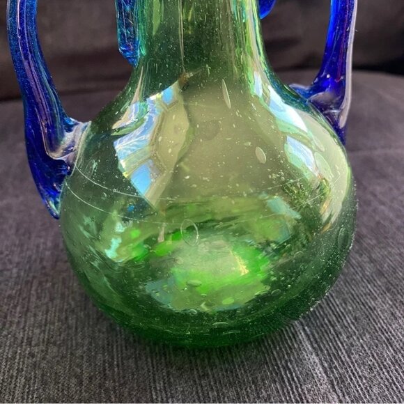 Handblown Artisan Glass Vase Blue and Green 7.25in - Picture 3 of 15